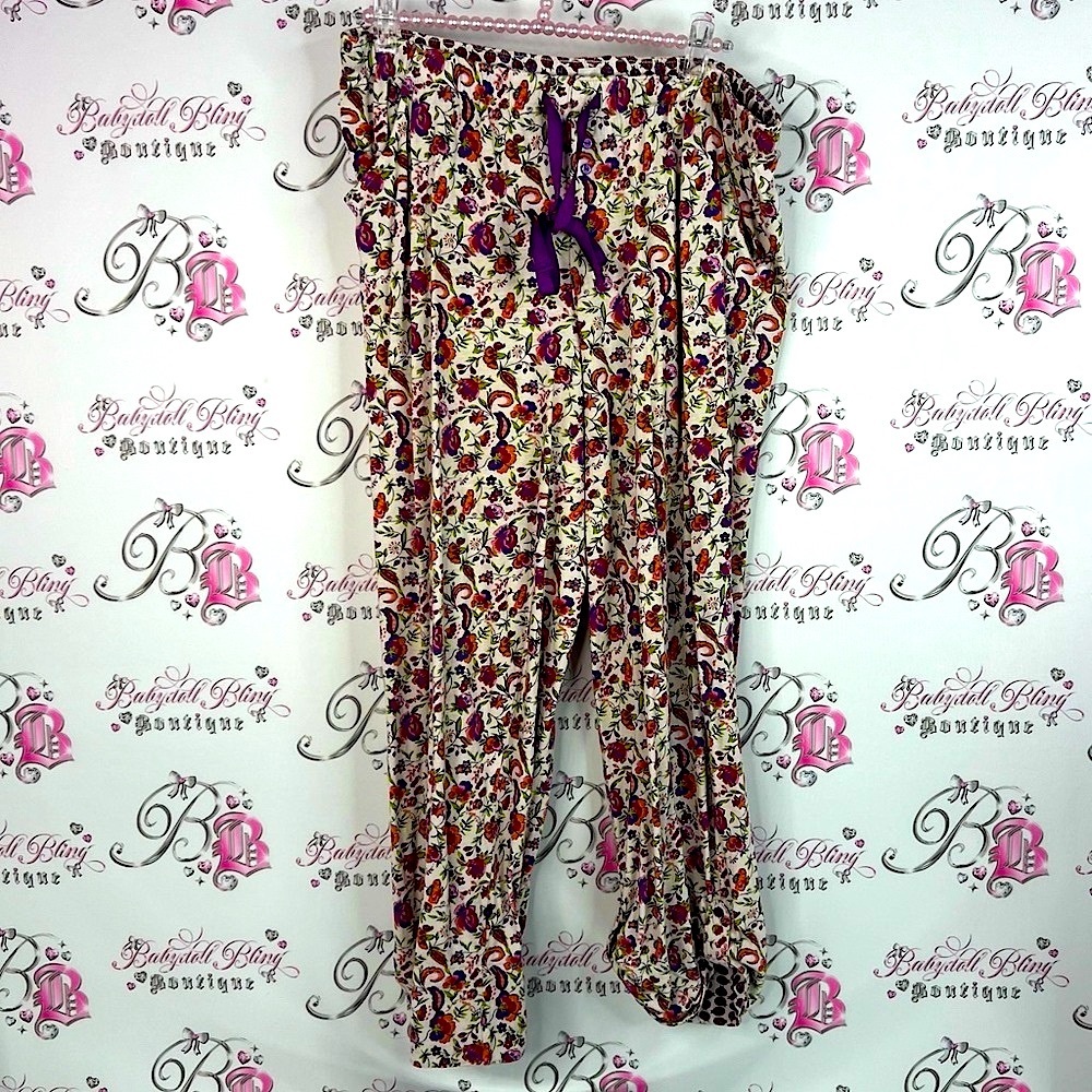 Midnight by Carole Hochman pants button up trim Floral Bottoms with Purple Ties